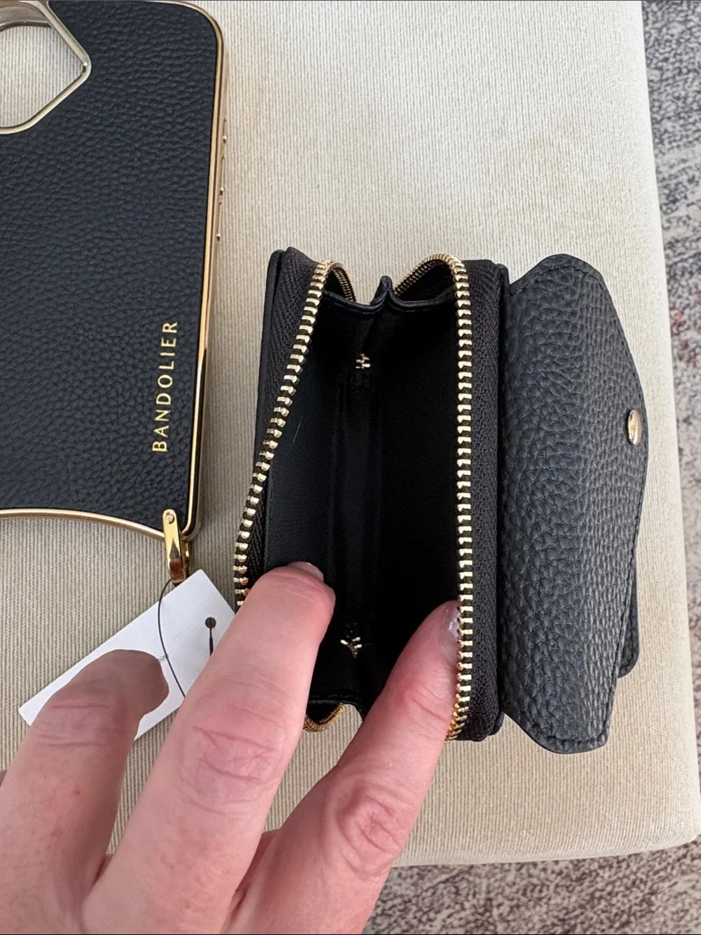 Bandolier Black Leather Crossbody Phone Case Set with Gold Hardware